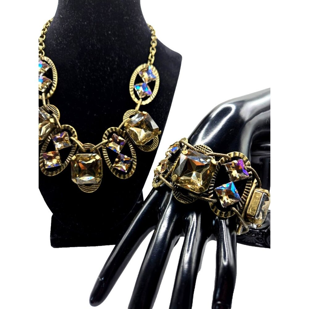 Traci Lynn Statement Necklace & Bracelet – Gold-Tone with Champagne Crystals